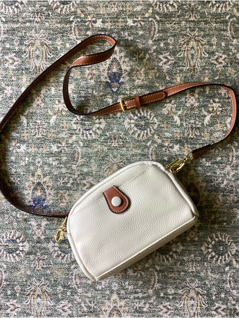 Unused White Mini Crossbody Bag w/ Brown Accent faux Leather Small Purse